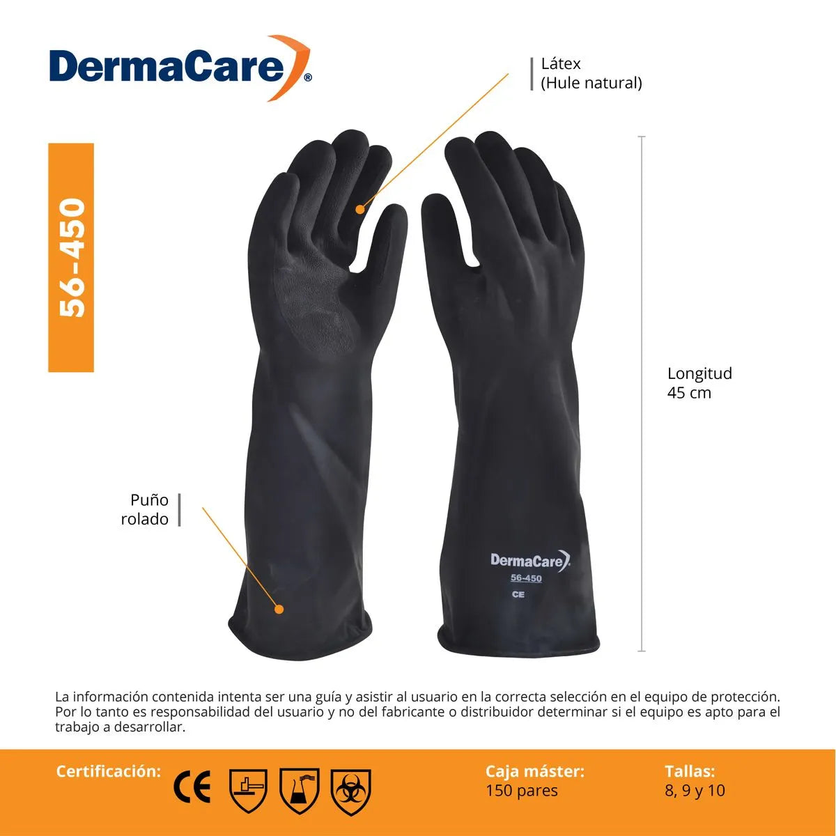GUANTES DE LÁTEX NEGRO DERMACARE 56‑450 RESISTENTES A QUÍMICOS 45 CM - 1 PAR