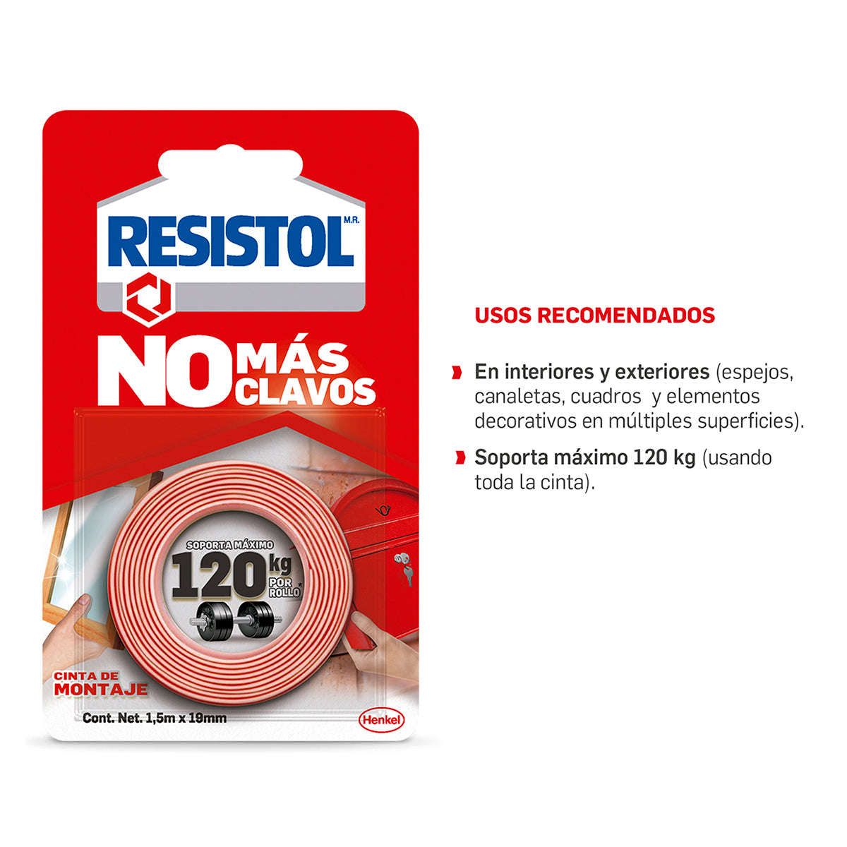 CINTA DE MONTAJE RESISTOL NO MÁS CLAVOS 120 KG 1.5 M - 1 PIEZA