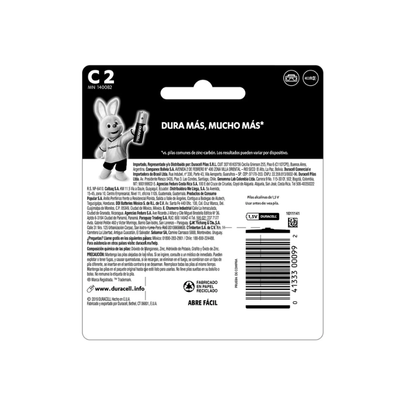 PILAS ALCALINAS DURACELL TIPO C 1.5 V PAQUETE CON 2