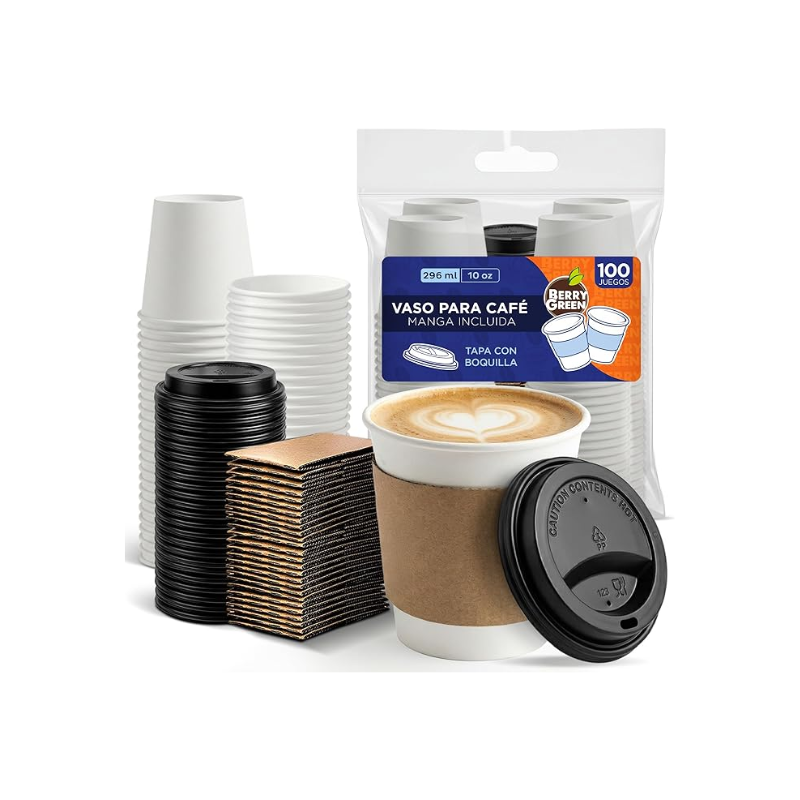 VASOS PARA CAFÉ 10 OZ BERRY GREEN CON TAPA Y MANGA - PAQ 100