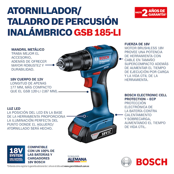 TALADRO PERCUTOR ATORNILLADOR INALÁMBRICO - BOSCH - GSB 185-LI