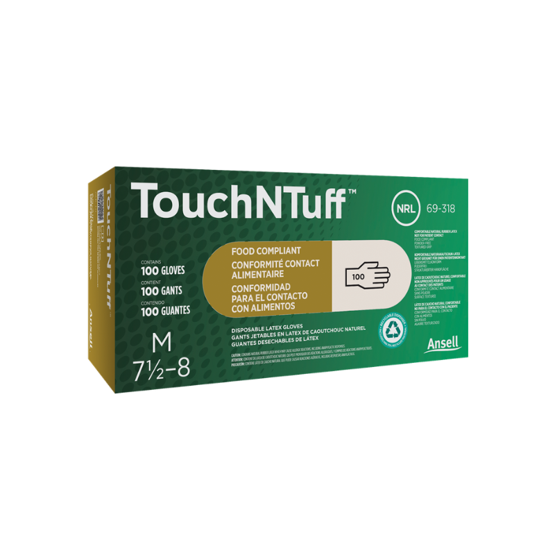 GUANTE DE LATEX SIN POLVO CON 100 PIEZAS - ANSELL TOUCHNTUFF 69-318 - 1 CAJA CON 100 PIEZAS