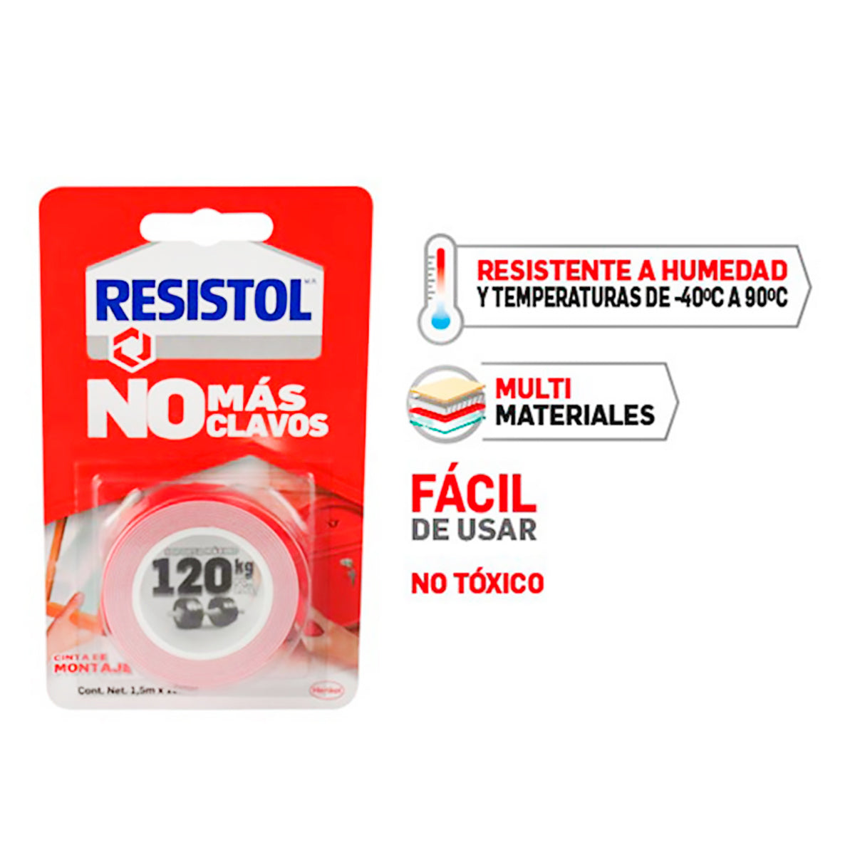 CINTA DE MONTAJE RESISTOL NO MÁS CLAVOS 120 KG 1.5 M - 1 PIEZA