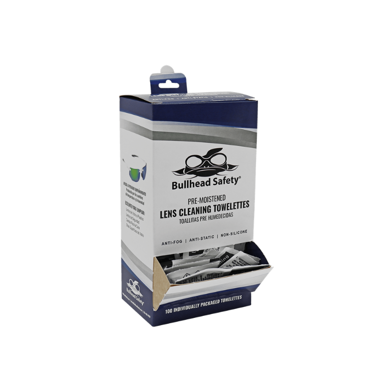 DISPENSADOR DE TOALLITAS HÚMEDAS PARA LIMPIEZA DE LENTES BULLHEAD SAFETY - 100 PIEZAS