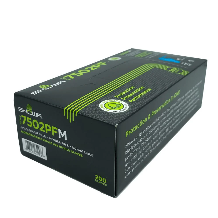 GUANTE DE NITRILO AZUL BIODEGRADABLE SHOWA CON 200 PIEZAS 7502PF - 1 CAJA