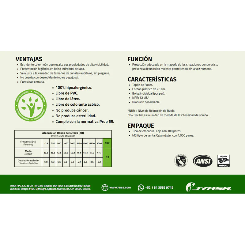 TAPONES AUDITIVOS ECOFRIENDLY CON CORDÓN DB‑320RNG 32DB - 100 PIEZAS
